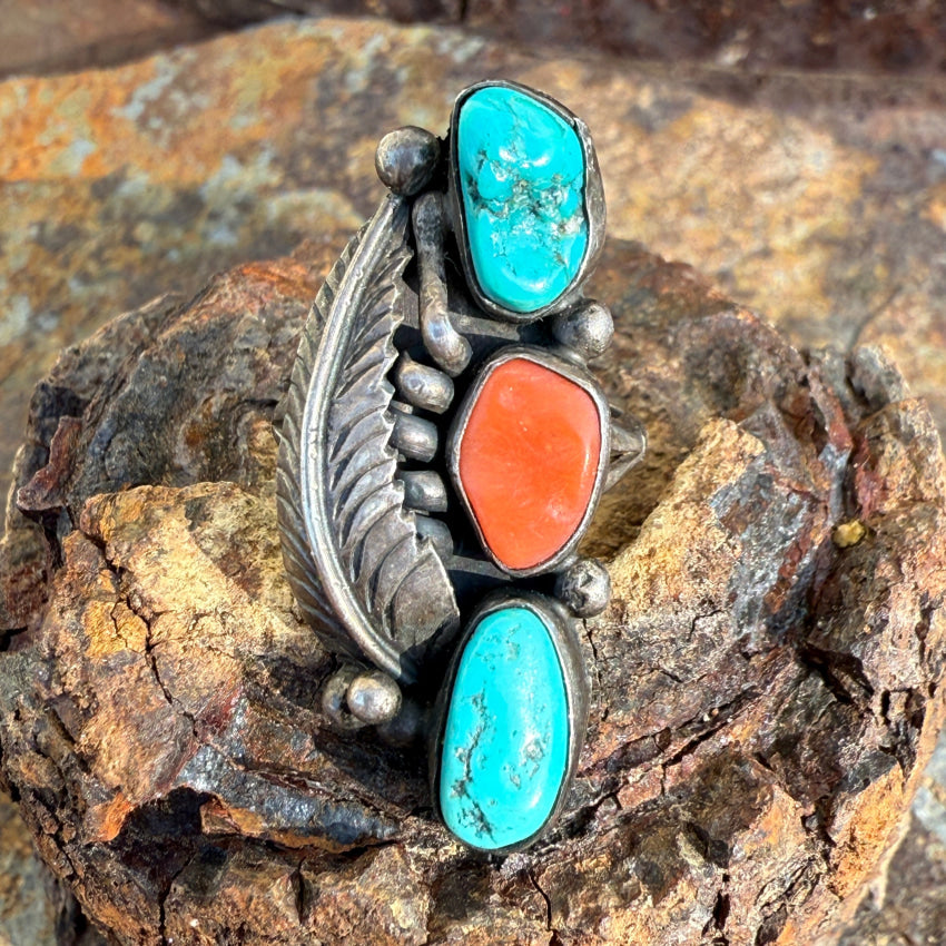 Vintage Signed Navajo Sterling Silver Turquoise Coral Long Ring Size 5 1/4 ring