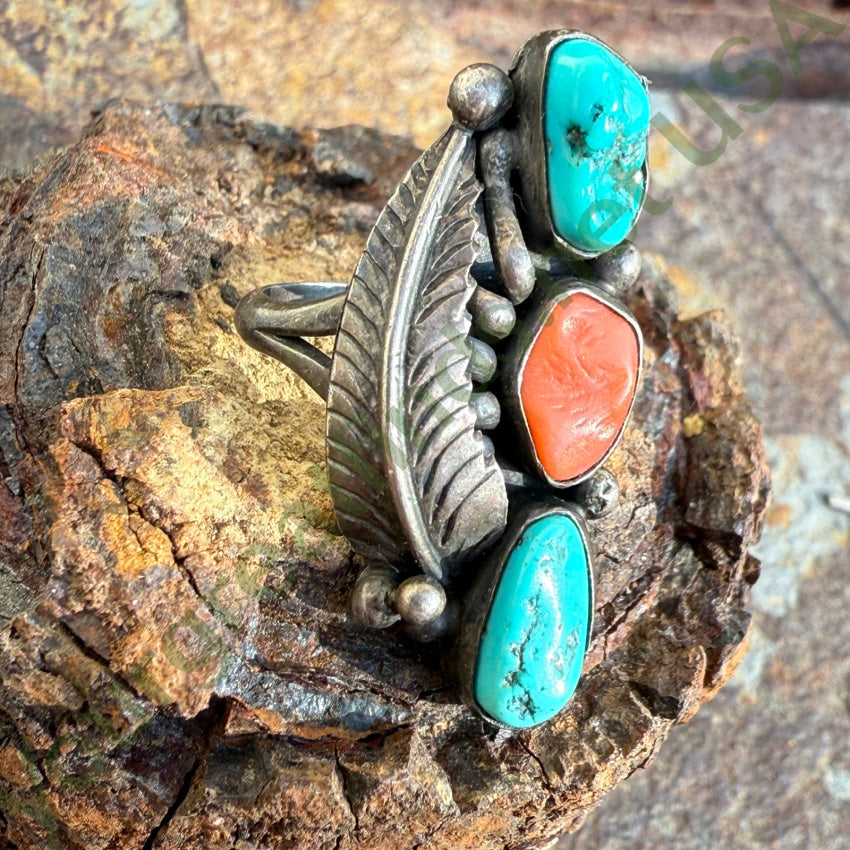 Vintage Signed Navajo Sterling Silver Turquoise Coral Long Ring Size 5 1/4 ring