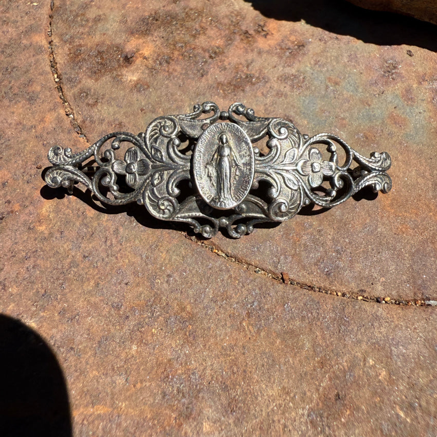 Vintage Silver Baroque Style Miraculous Mary Bar Pin pin
