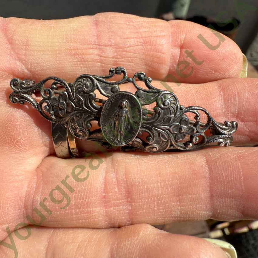 Vintage Silver Baroque Style Miraculous Mary Bar Pin pin