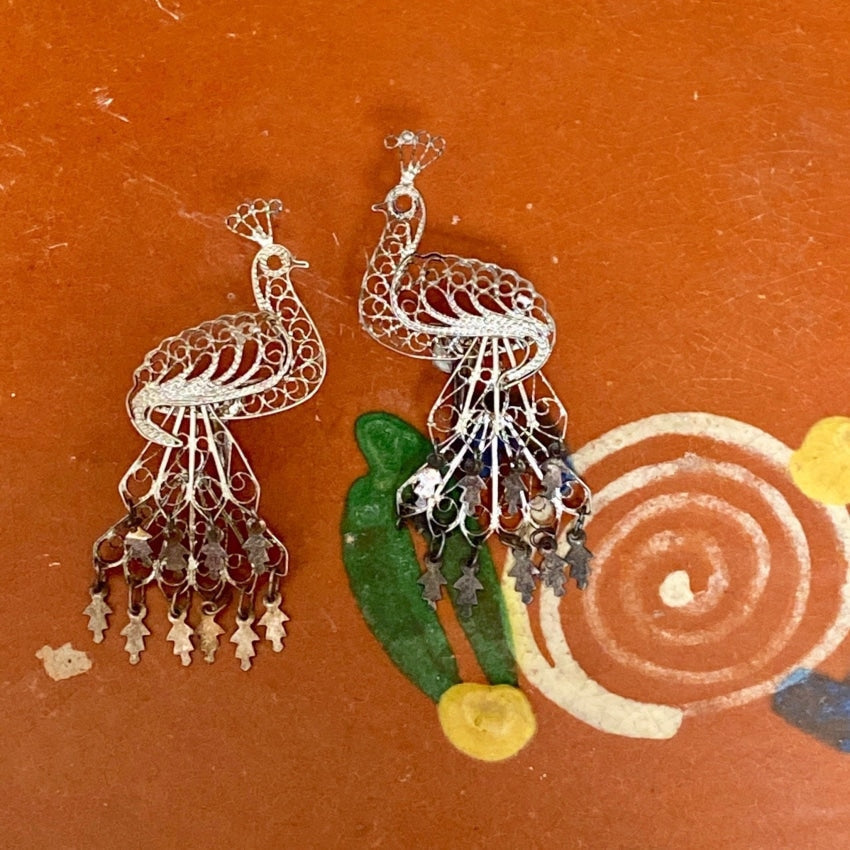 Vintage Silver Filigree Peacock Earrings Yourgreatfinds