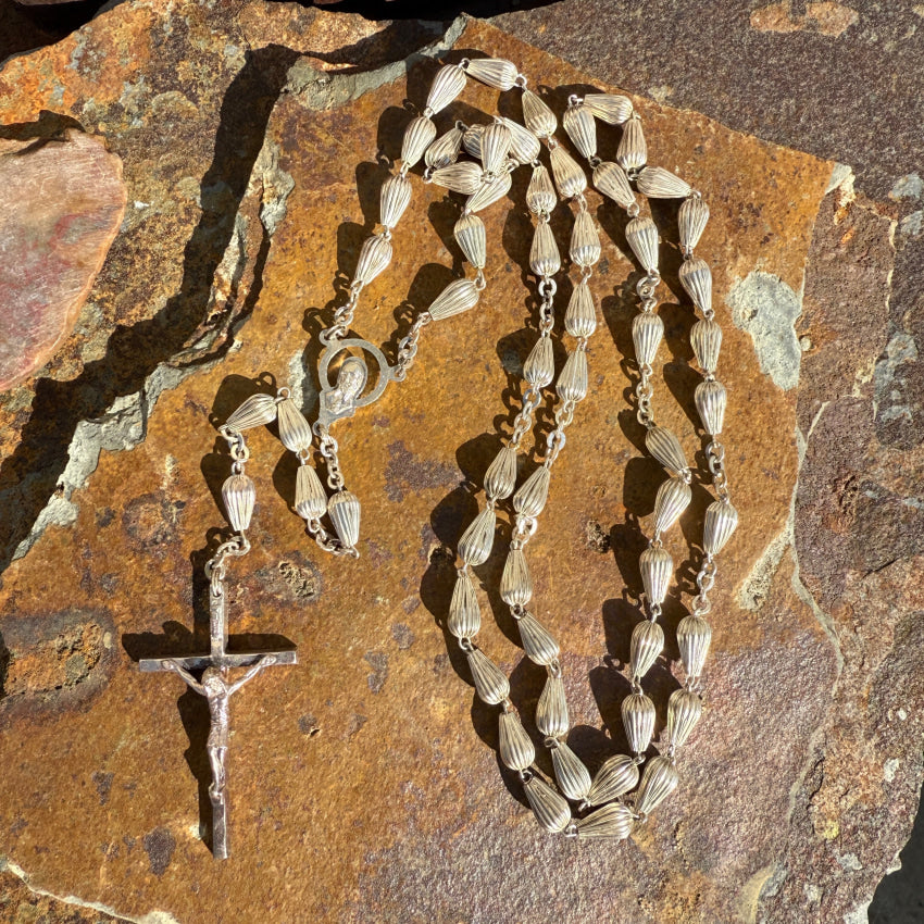 Vintage Silver Fluted Bead Catholic Rosary Italy rosary necklace
