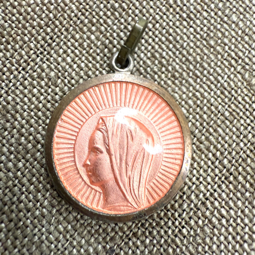 Vintage Silver Over Copper Sacred Mother Pendant Guilloche Enamel pendant