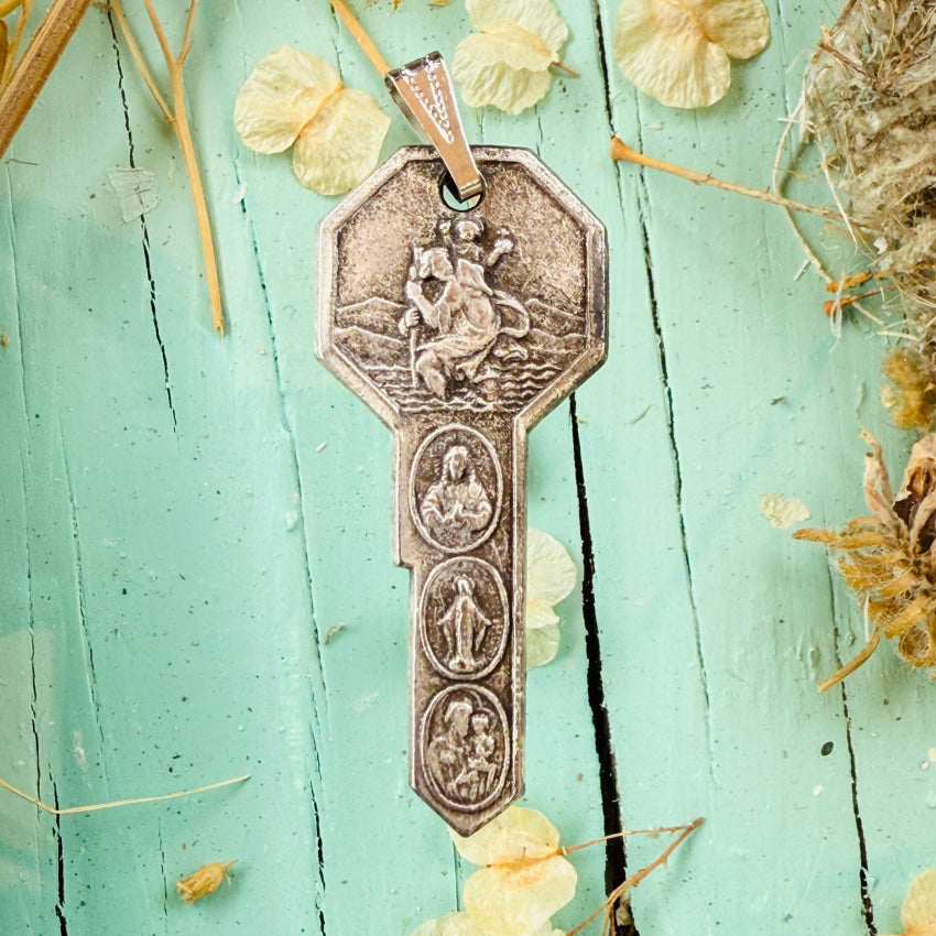 Vintage Silver Saint Christopher / Saint Anthony + Key to Heaven Pendant pendant
