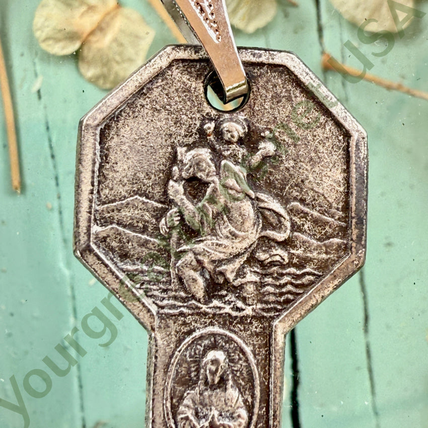 Vintage Silver Saint Christopher / Saint Anthony + Key to Heaven Pendant pendant