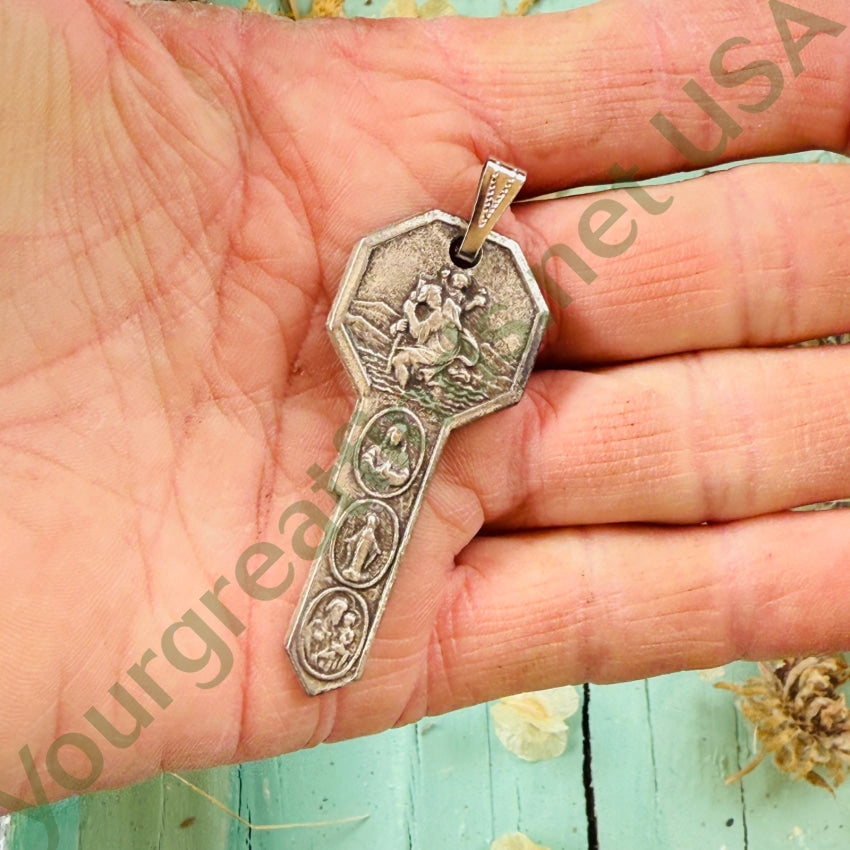 Vintage Silver Saint Christopher / Saint Anthony + Key to Heaven Pendant pendant