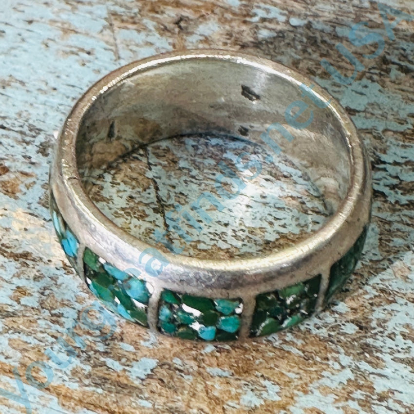 Vintage Smooth Sterling Silver Band Ring Turquoise Mosaic Size 9.5