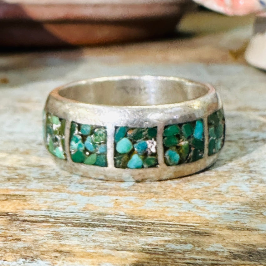 Vintage Smooth Sterling Silver Band Ring Turquoise Mosaic Size 9.5
