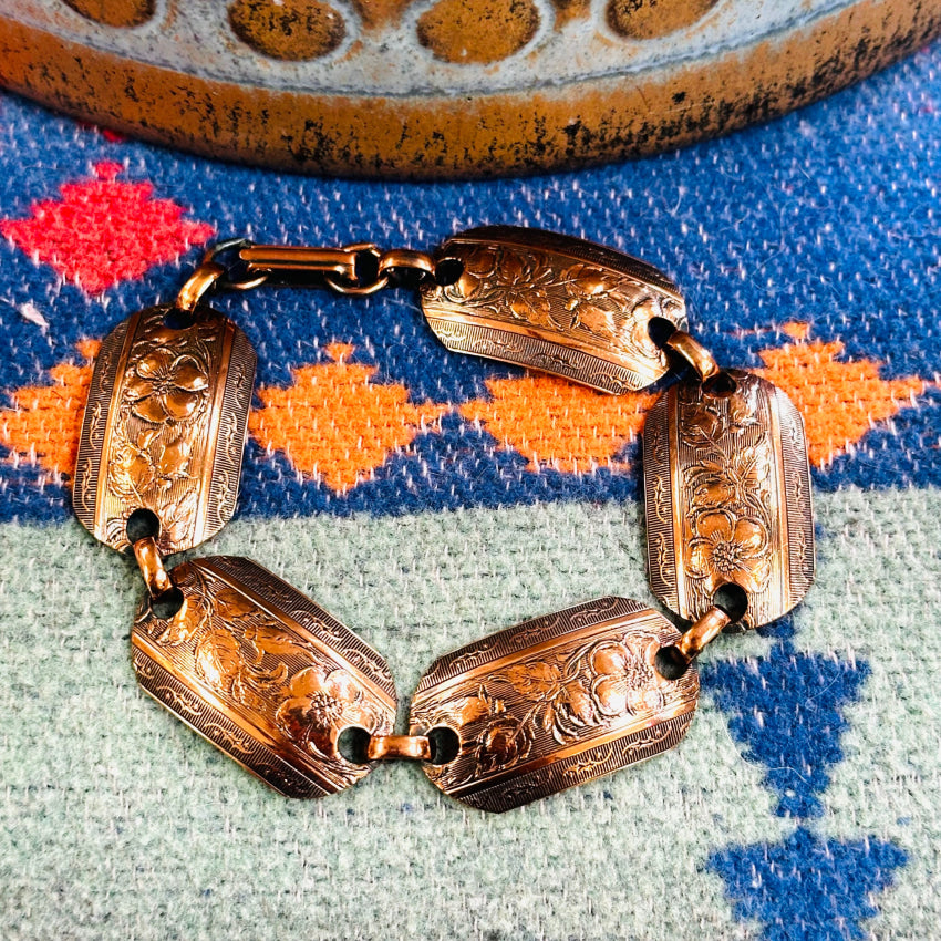 Vintage Solid Copper Floral Design Panel Bracelet