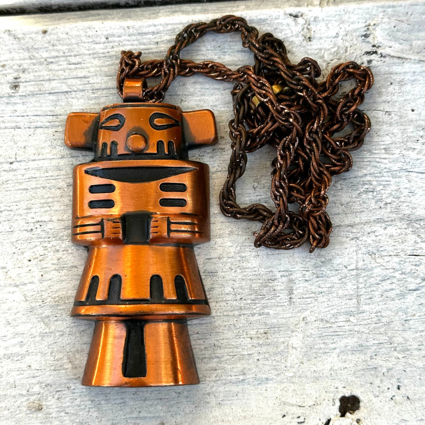 Vintage Solid Copper Mudhead Kachina Necklace Bell Trading Post Necklace