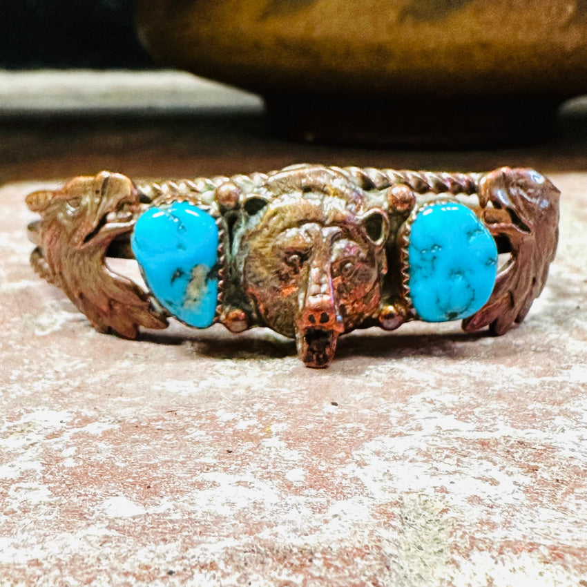 Vintage Solid Copper & Turquoise Bear Eagle Cuff Bracelet Bracelet