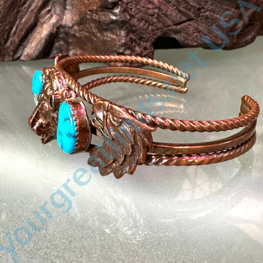 Vintage Solid Copper & Turquoise Bear Eagle Cuff Bracelet Bracelet