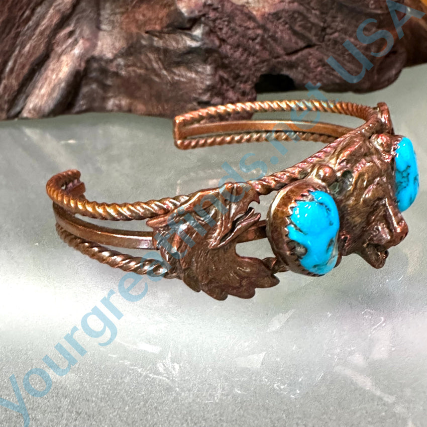 Vintage Solid Copper & Turquoise Bear Eagle Cuff Bracelet Bracelet