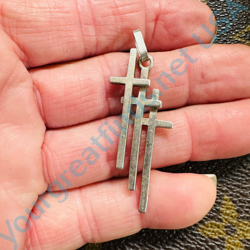 Vintage Solid Sterling Silver 3 Crosses Of Calvary Pendant