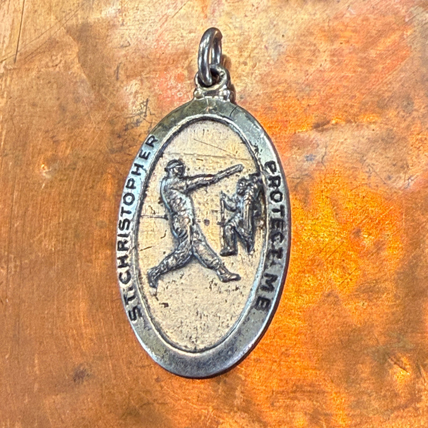 Vintage Solid Sterling Silver Baseball St. Christopher Pendant Pendant