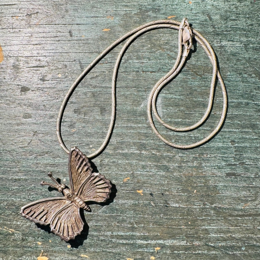 Vintage Solid Sterling Silver Butterfly Pendant Chain Necklace