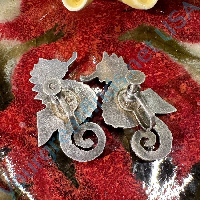 Vintage Solid Sterling Silver Seahorse Screw Back Earrings Mexico