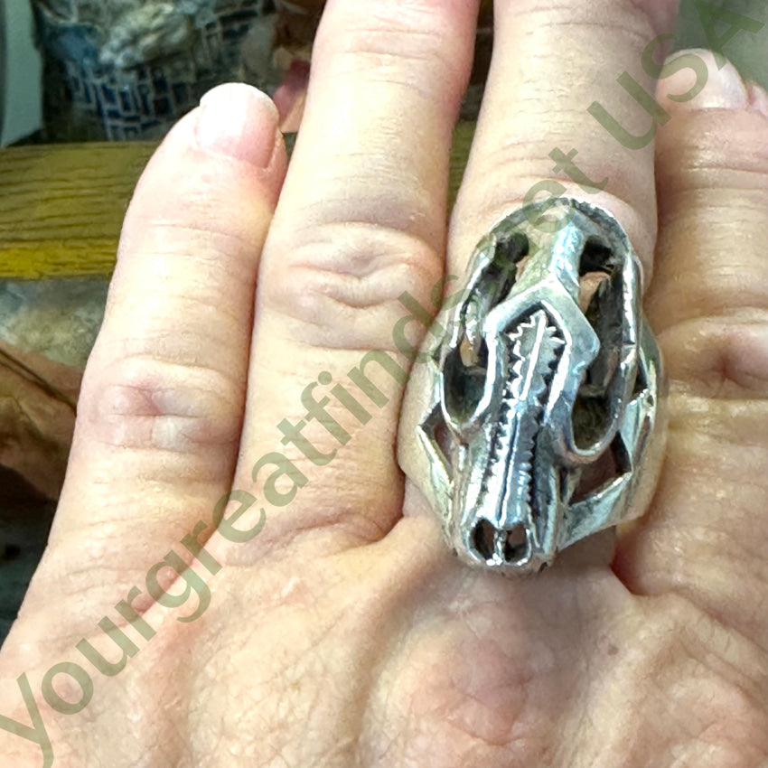 Vintage Solid Sterling Silver Southwestern Wolf Skull Ring Size 12.5