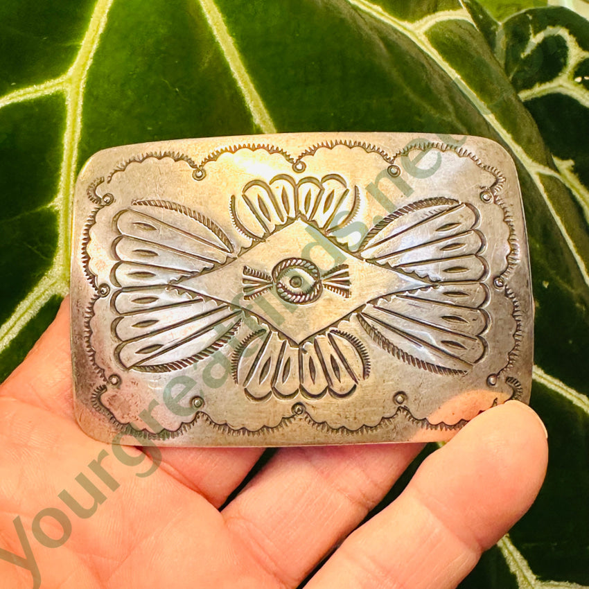 Vintage Solid Sterling Silver Stamp Decorated Belt Buckle Southwestern