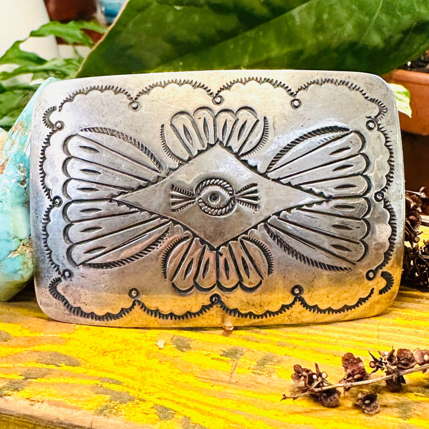 Vintage Solid Sterling Silver Stamp Decorated Belt Buckle Southwestern