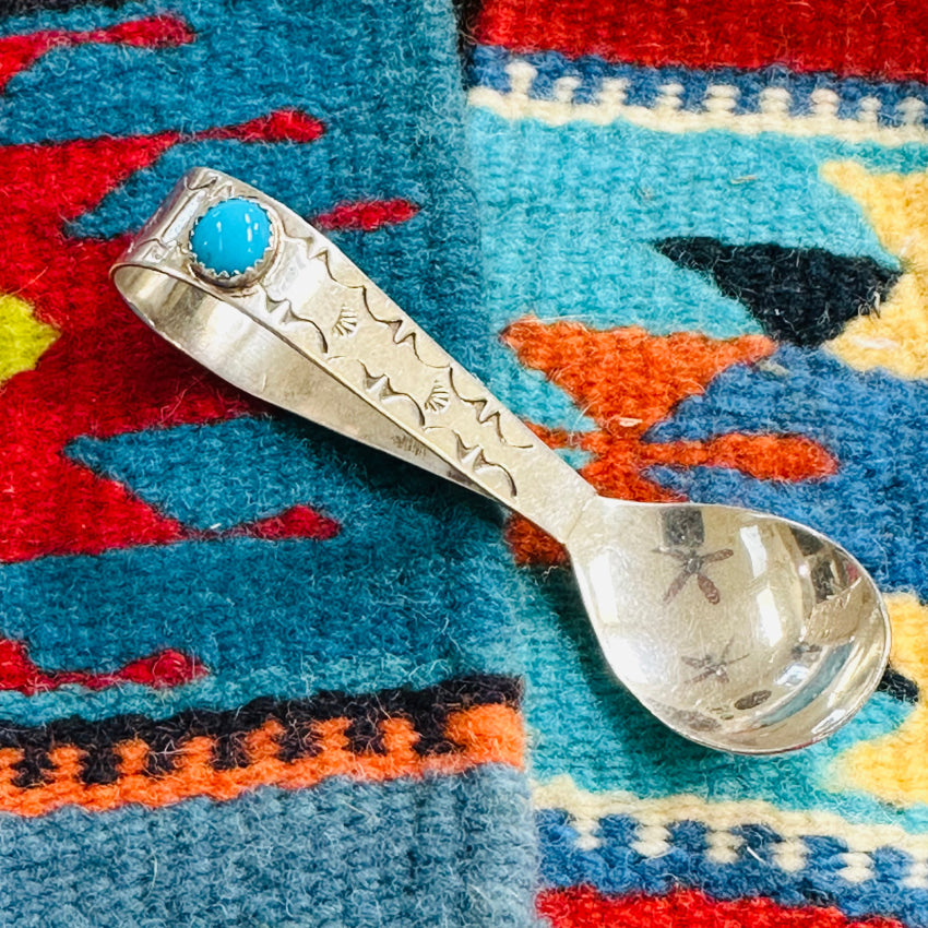 Vintage Solid Sterling Silver Turquoise Baby Spoon Jeffrey Castillo Navajo