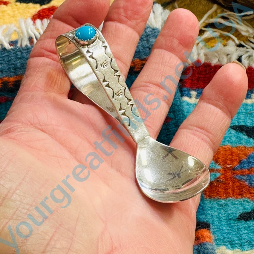 Vintage Solid Sterling Silver Turquoise Baby Spoon Jeffrey Castillo Navajo