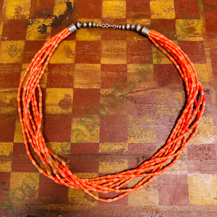 Vintage Southwestern 8 Strand Red C0Ral Necklace Sterling