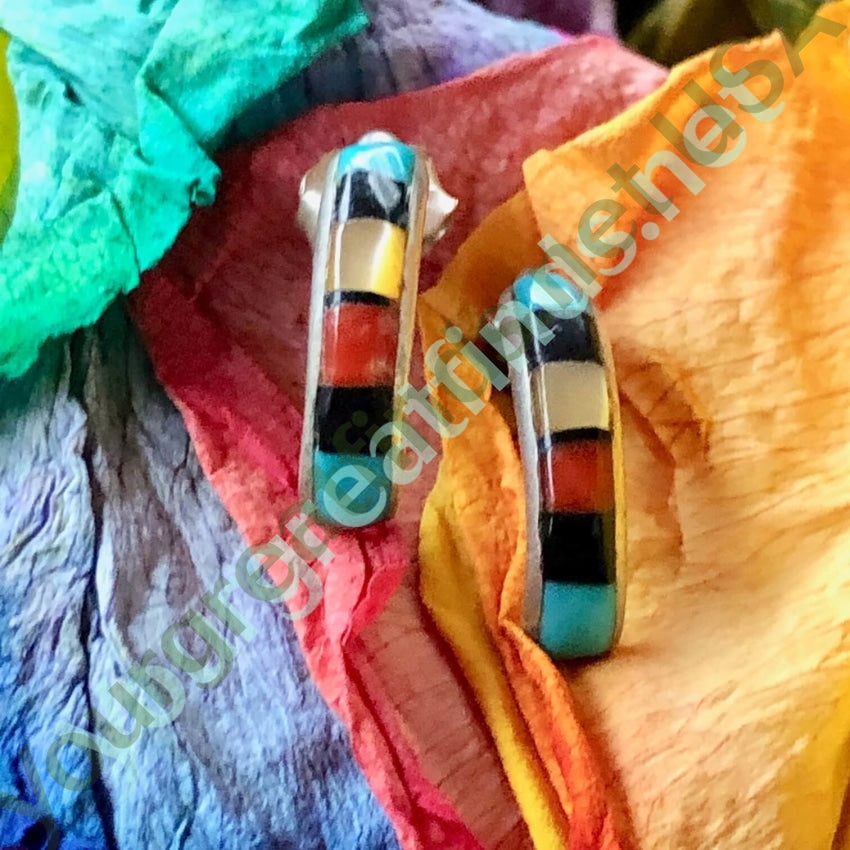 Vintage Southwestern Channel Inlay Hoop Earrings Sterling Yourgreatfinds