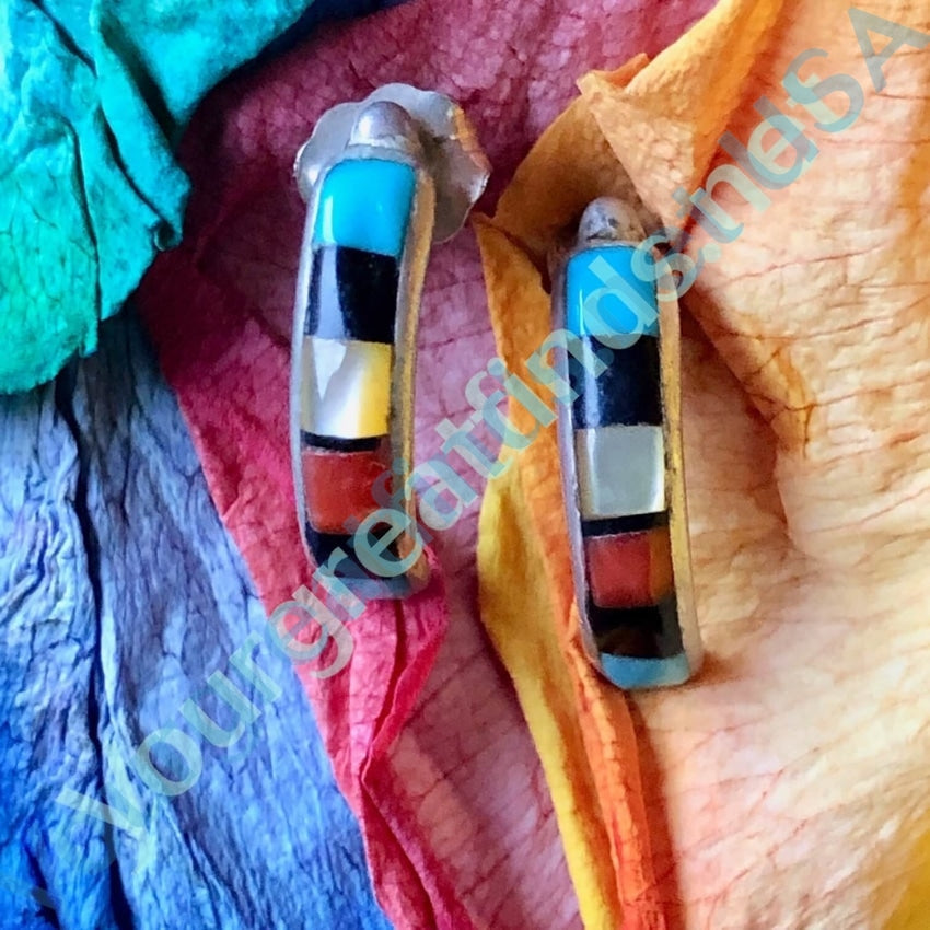 Vintage Southwestern Channel Inlay Hoop Earrings Sterling Yourgreatfinds