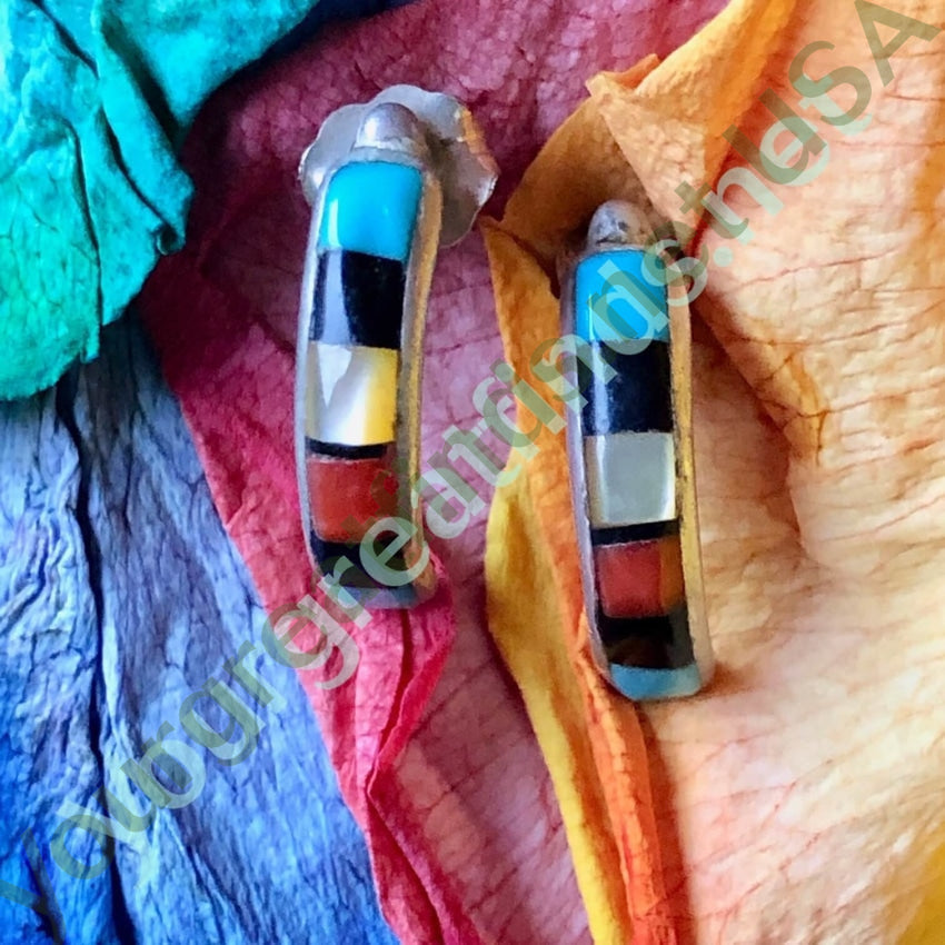 Vintage Southwestern Channel Inlay Hoop Earrings Sterling Yourgreatfinds