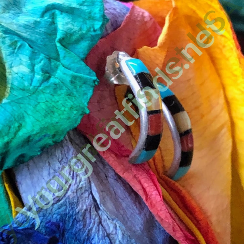 Vintage Southwestern Channel Inlay Hoop Earrings Sterling Yourgreatfinds