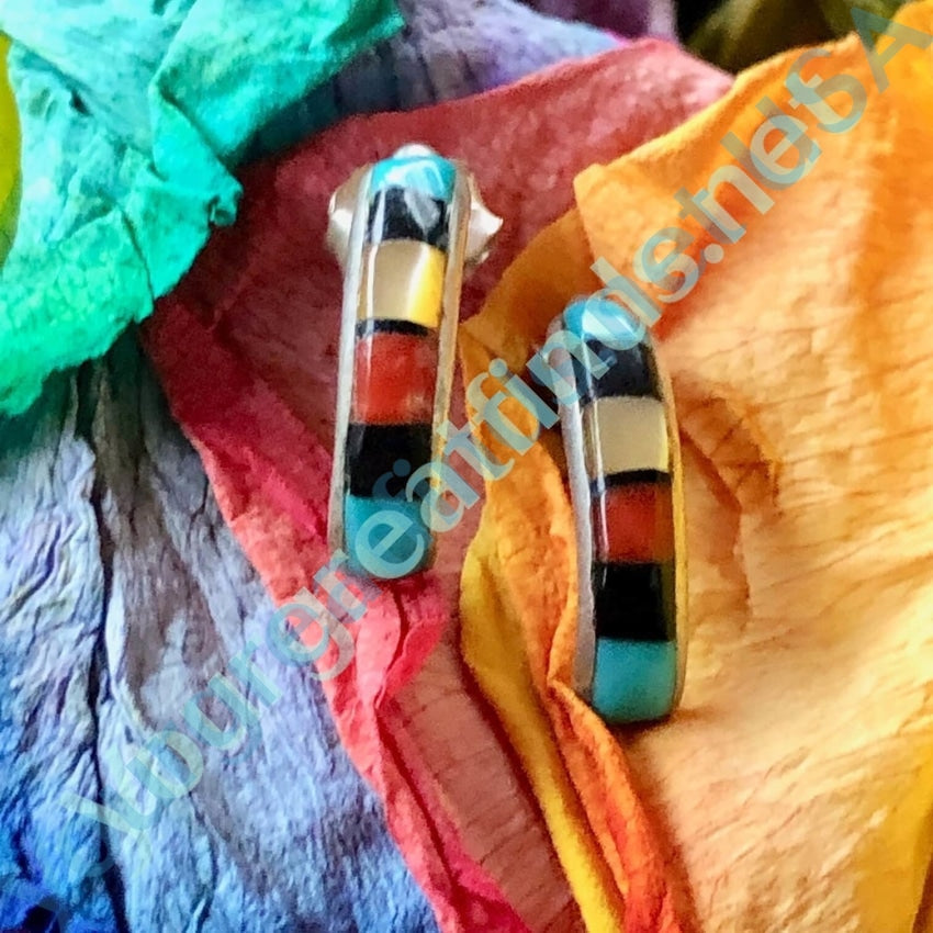 Vintage Southwestern Channel Inlay Hoop Earrings Sterling Yourgreatfinds