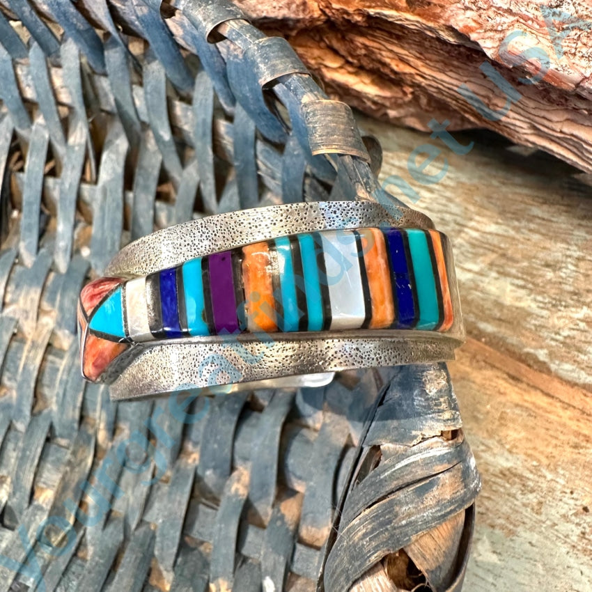 Vintage Southwestern Channel Inlay Sterling Silver Cuff Bracelet