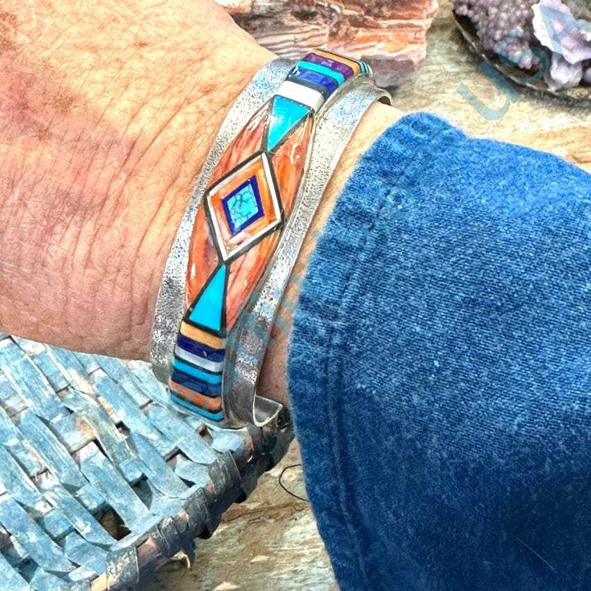 Vintage Southwestern Channel Inlay Sterling Silver Cuff Bracelet