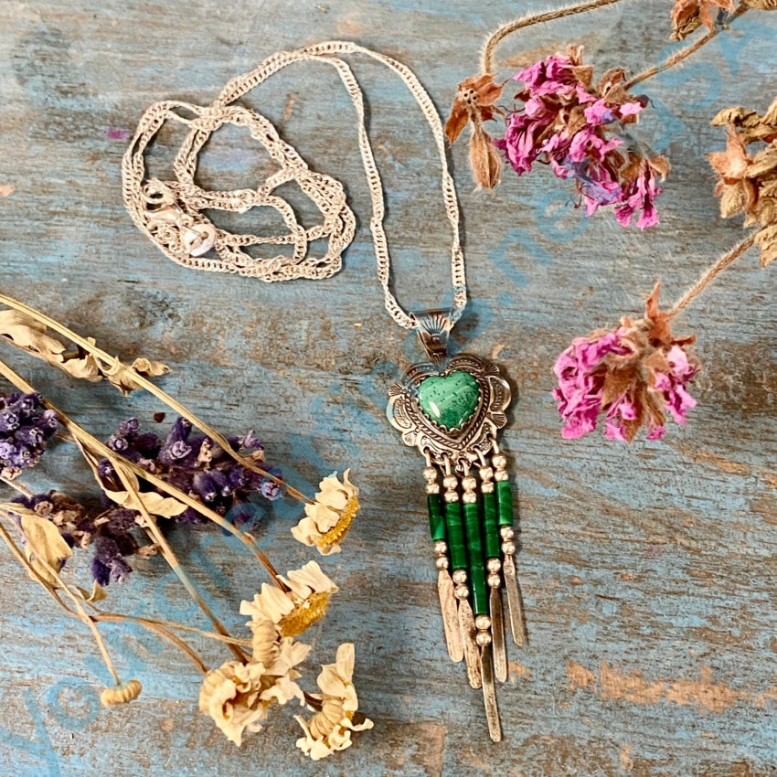 Vintage Southwestern Heart Concho Fringed Necklace Green Malachite Necklaces