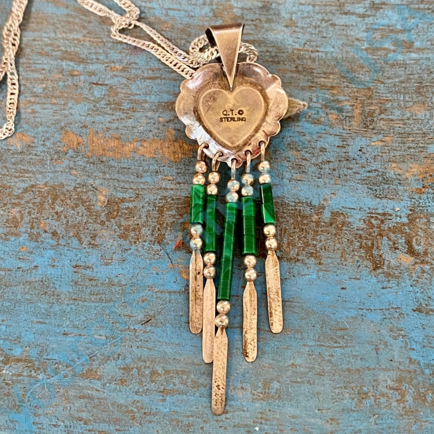 Vintage Southwestern Heart Concho Fringed Necklace Green Malachite Necklaces