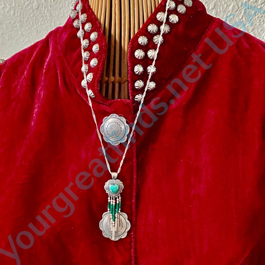 Vintage Southwestern Heart Concho Fringed Necklace Green Malachite Necklaces