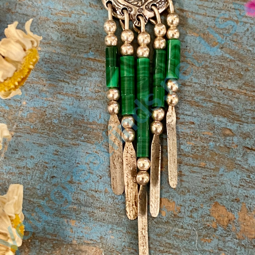 Vintage Southwestern Heart Concho Fringed Necklace Green Malachite Necklaces