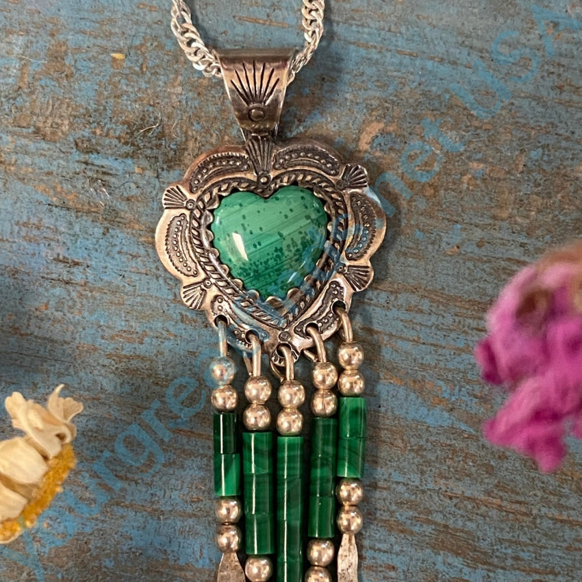 Vintage Southwestern Heart Concho Fringed Necklace Green Malachite Necklaces