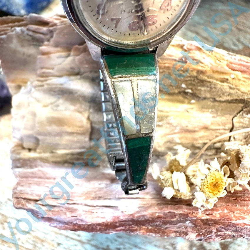 Vintage Southwestern Ladies Sterling Silver Watch Band Malachite