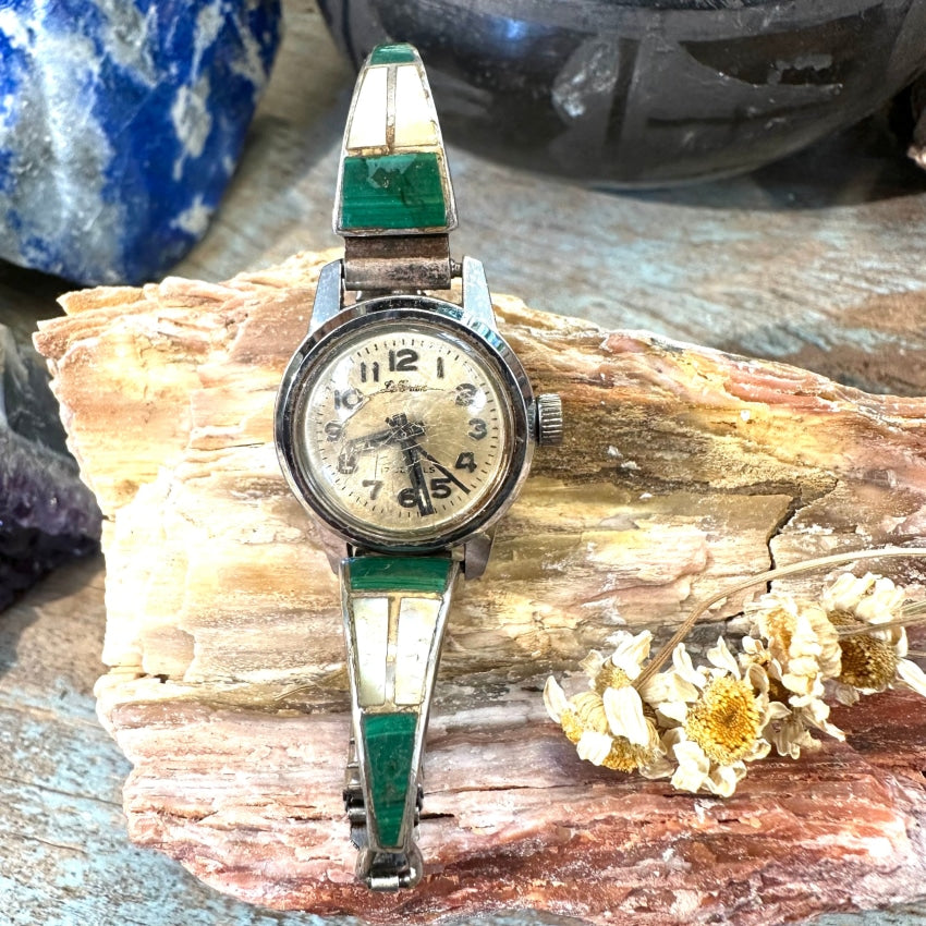 Vintage Southwestern Ladies Sterling Silver Watch Band Malachite