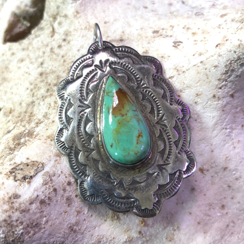 Vintage Southwestern Stamped Sterling Silver Turquoise Pendant Pendant