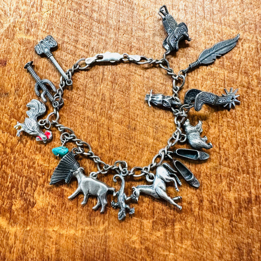 Vintage Southwestern Sterling Silver 14 Charm Bracelet Bracelet