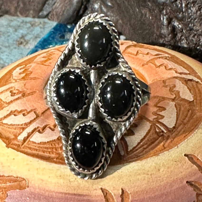 Vintage Southwestern Sterling Silver 4 Stone Onyx Ring Size 6 3/4