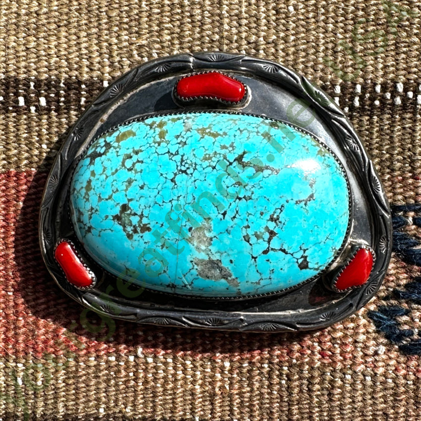 Vintage Southwestern Sterling Silver & #8 Mine Turquoise Belt Buckle Belts