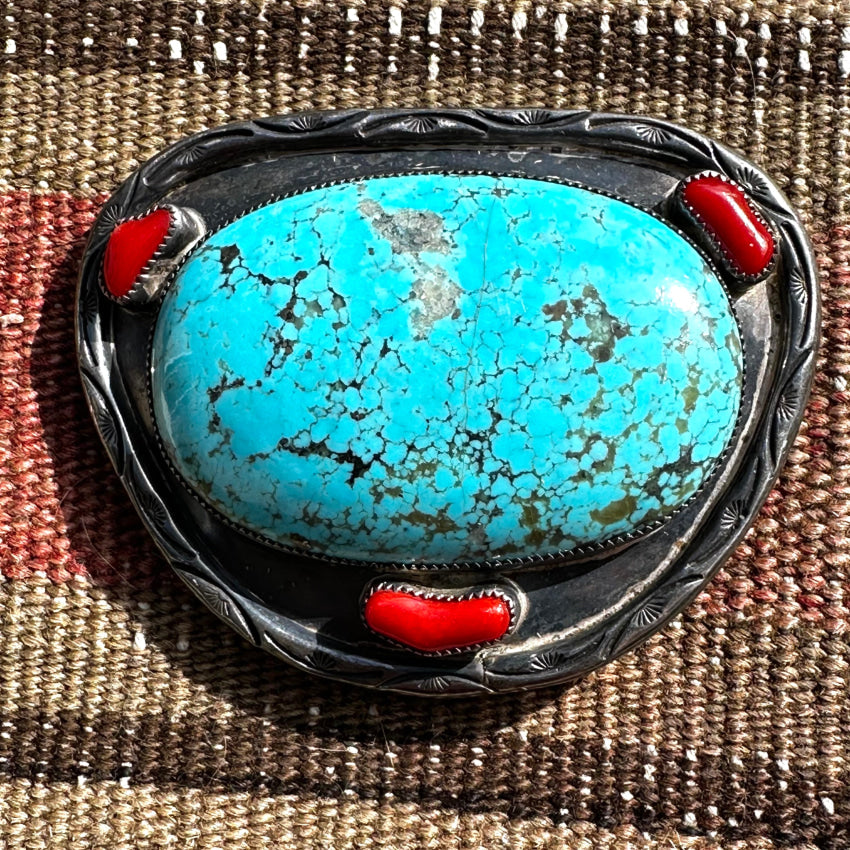 Vintage Southwestern Sterling Silver & #8 Mine Turquoise Belt Buckle Belts