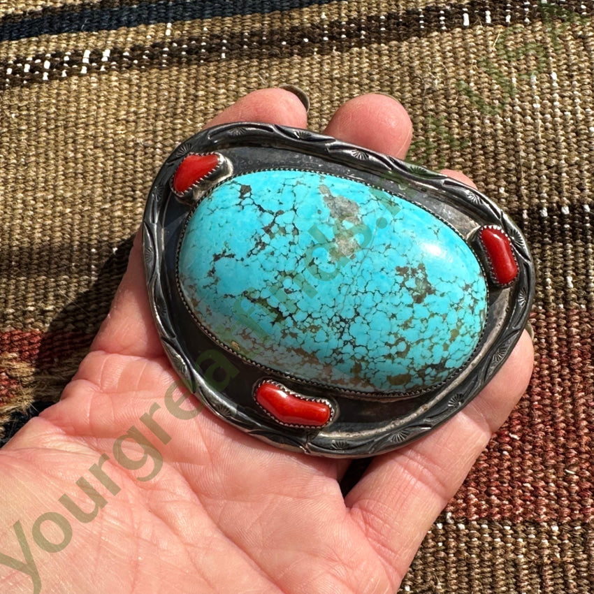 Vintage Southwestern Sterling Silver & #8 Mine Turquoise Belt Buckle Belts