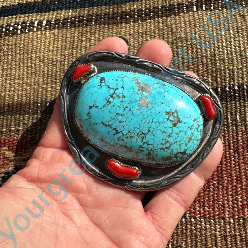 Vintage Southwestern Sterling Silver & #8 Mine Turquoise Belt Buckle Belts