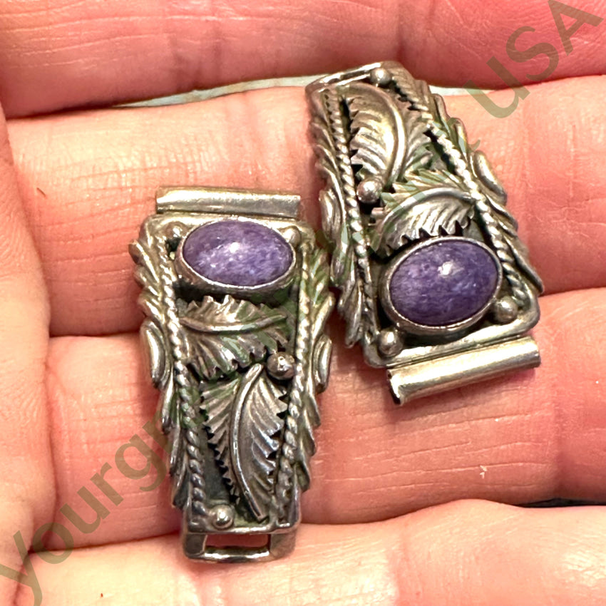 Vintage Southwestern Sterling Silver Appliqué Charolite Watch Band Plates