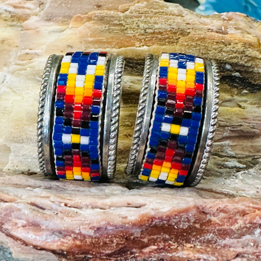 Vintage Southwestern Sterling Silver Beadwork Hoop Earrings